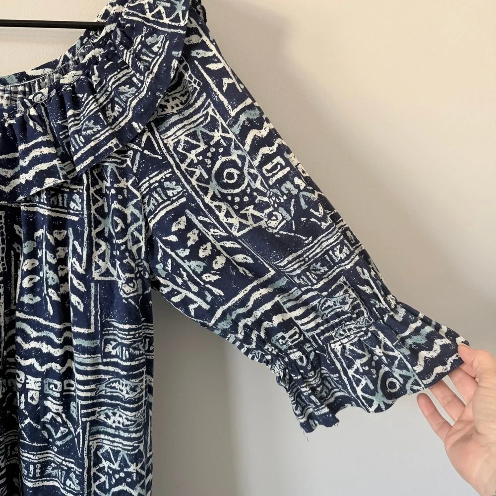 Hilo Hattie Vintage Made‎ in Hawaii Muumuu Dress Blue Tribal Ruffle Midi L NICE